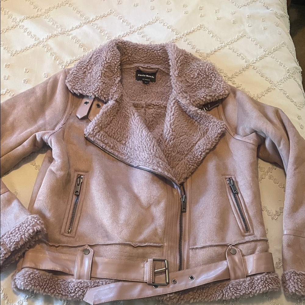 Moto shearling teddy Jacket dusty rose L Haute monde